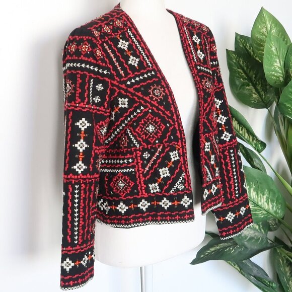 Zara Black Red Embroidered Beaded Open Front Crop Blazer Ethnic Dressy Statement - Picture 9 of 16